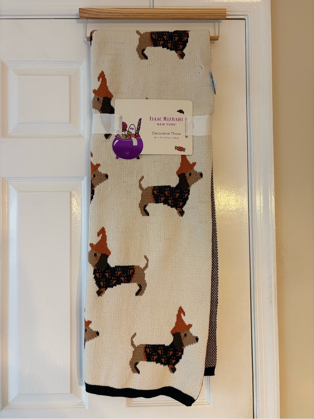 Isaac Mizrahi Cream Throw with Brown & Orange Witch Dachshund Motif